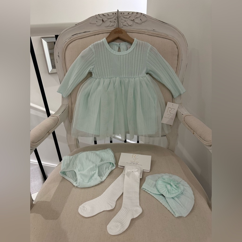 🦢 6~9 Mth Pale Mint Green Tulle Baby Dress 4 Piece Set by Rachel Zoe NWT